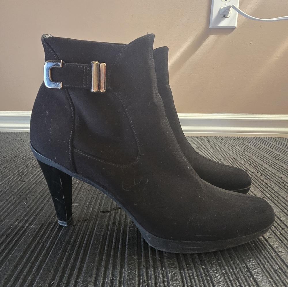 Stuart Weitzman Waterproof Black Heeled Boots with Silver Hardware